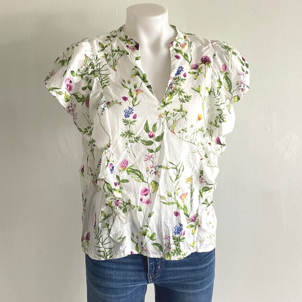 Marc New York Andrew Marc Floral Ruffle Cotton Blouse White Multi Size M